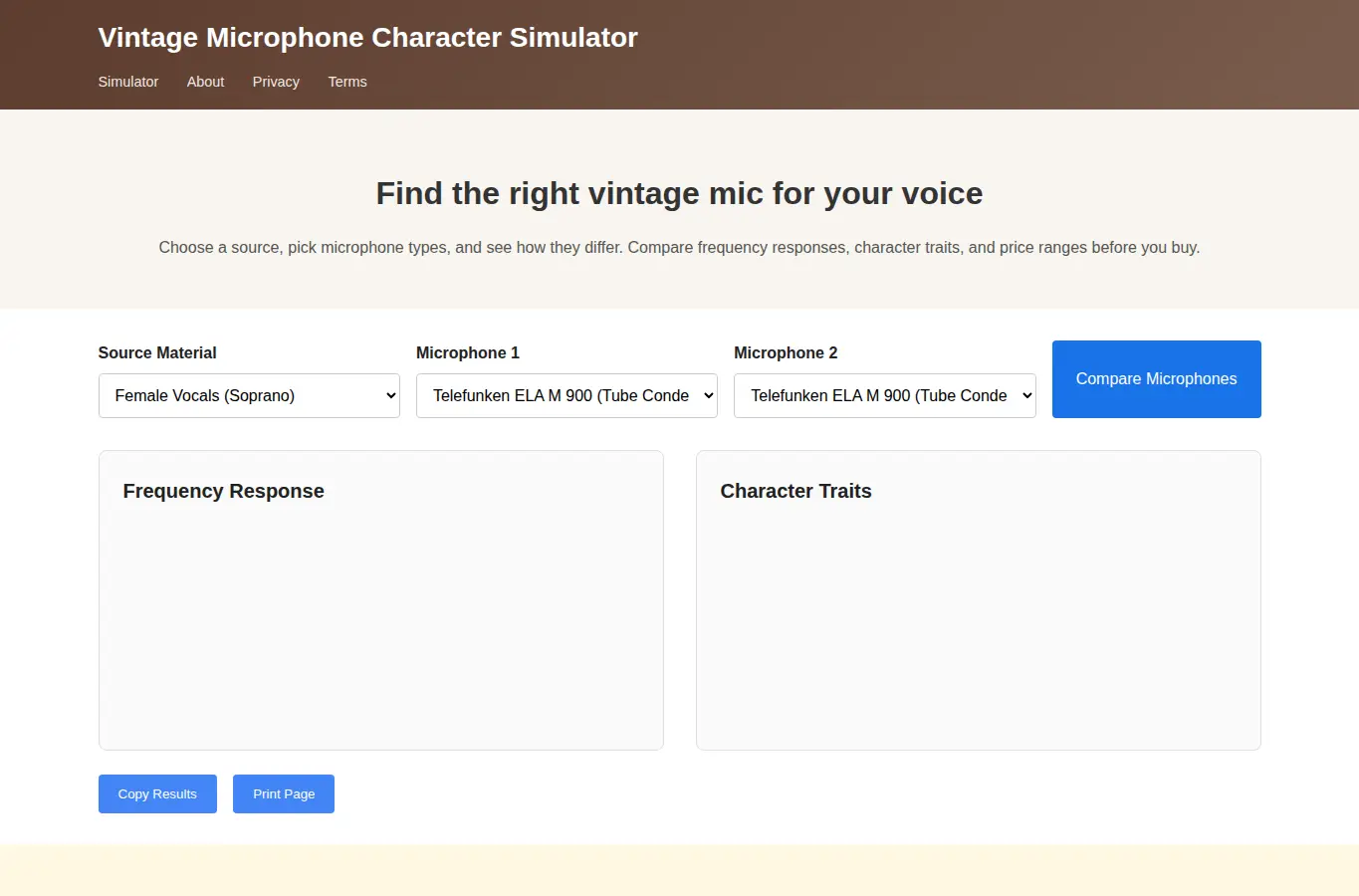 Screenshot of Vintage Microphone Character Simulator interface showing the project page in use